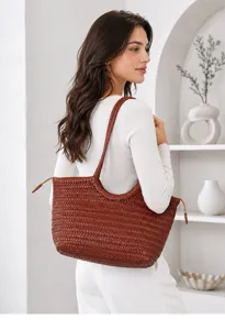 Detailed view of the brown leather woven tote bag, vintage large capacity handmade design.