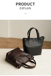 Detail view of minimalist genuine leather tote bags featuring black and brown color options.