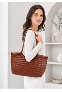 Brown woven leather tote bag, chic french vintage handmade large capacity shoulder bag.