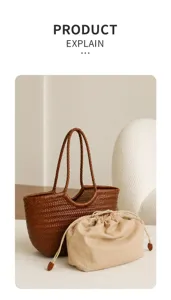 Detail view of brown woven leather tote bag with beige inner pouch, premium handcrafted style.