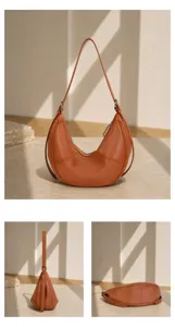 Brown leather crescent shoulder bag, stylish hobo underarm bag with soft genuine leather.