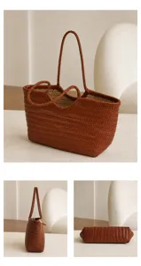 Detailed view of handmade woven leather tote bag showcasing premium texture and craftsmanship.