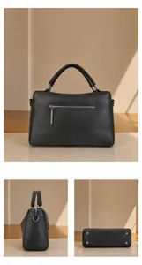 Close-up detail view of black leather Boston handbag showcasing zipper and side profile.