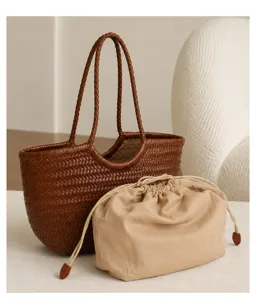 Handmade woven leather tote bag with canvas drawstring pouch, retro large capacity handbag for women.