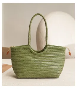 Woven leather tote bag handmade retro large capacity stylish green shoulder bag for women