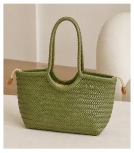 Handwoven genuine leather tote bag green vintage style large capacity shoulder bag for women
