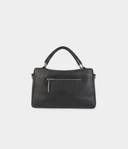 Back view detail of the black genuine leather Boston handbag showing zipper pocket.