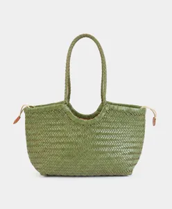 Detailed front view of the green leather woven tote bag, showcasing exquisite handmade texture.