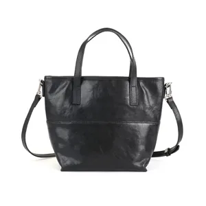 Minimalist black leather tote bag for women, classic large capacity shoulder bag for daily work.