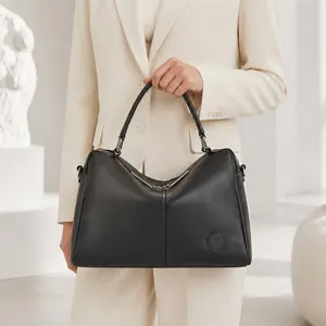 Women Genuine Leather Boston Handbag Autumn Winter Commuting Top Layer Cowhide Solid Color Fashion Shoulder Crossbody Bag