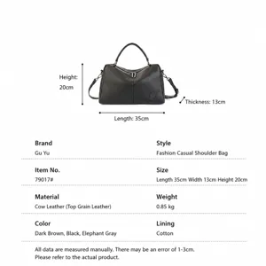Premium genuine leather Boston handbag for women, casual top handle shoulder bag with cross body strap.