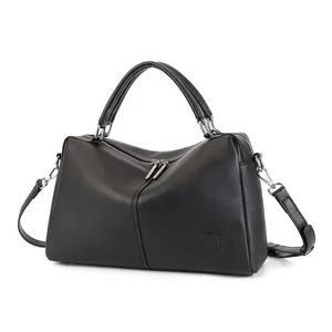 Genuine leather Boston handbag for women stylish black commuter shoulder bag luxury crossbody bag