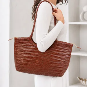 French Vintage Large Capacity Hand Woven Tote Bag Top Layer Cowhide Leather Casual Shoulder Bag For Women