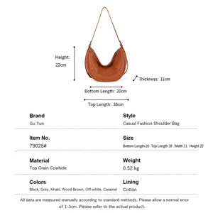Genuine leather crescent shoulder bag for women, stylish hobo crossbody bag with top handle.