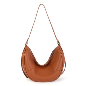 Brown genuine leather crescent shoulder bag, casual hobo armpit crossbody handbag.