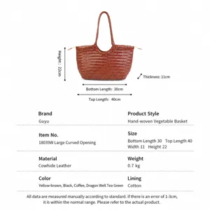 Handmade woven leather tote bag for women, large capacity vintage shoulder basket bag.