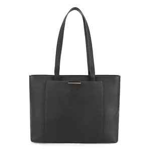 Black leather commuter tote bag for women, large capacity shoulder handbag main view.