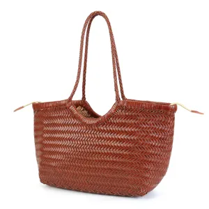 Handmade woven leather tote bag, vintage style brown shoulder bag for women daily use.