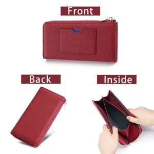 Women's genuine leather long wallet large capacity RFID blocking zipper purse with card slots.