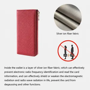 Red genuine leather long wallet for women with RFID blocking silver ion fiber lining.