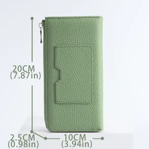 Green genuine leather long wallet for women with L-shaped zipper and card slot design.