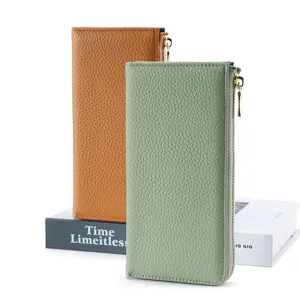 Women genuine leather long wallet l-zip coin purse top-layer cowhide card holder green brown