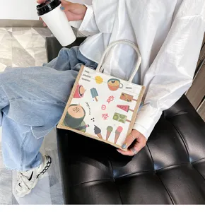 Leinwand Jute Tragetasche mit süßen Sommer Eismotiven, lässige Handtasche für täglichen Gebrauch.