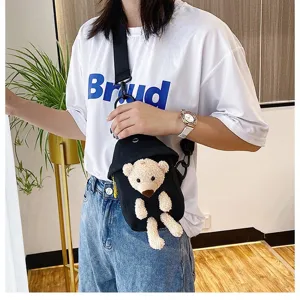 Bolsa bandolera de lona bonita con muneca de peluche de oso para mujer moda casual