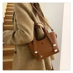 Brown leather tote bag detail, stylish crossbody shoulder bag for women daily commute use.