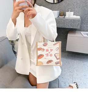Leinen Tragetasche mit Brot Druck, kleine Handtasche fuer Damen und Studenten Alltag.