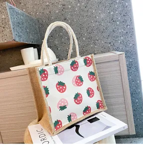 Schöne Erdbeer Print Leinen Handtasche, süße lässige Tragetasche für den täglichen Gebrauch.