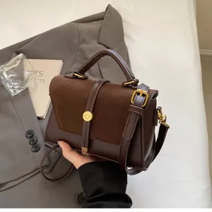 Damen Retro Wildleder Splicing PU Leder Umhängetasche Lässig Pendeln Tragegriff Handtasche