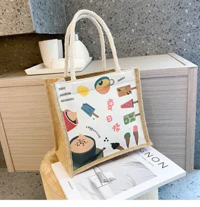 Segeltuch Tragetasche mit Sommer Eis und Kaffee Muster, stilvolle Handtasche fuer Lunch.