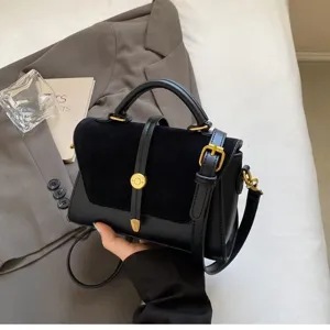 Schwarze Wildleder Patchwork Handtasche Damen modische Umhängetasche elegant chic