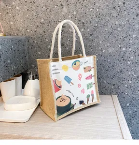 Niedliche Leinen Tragetasche Cartoon Druck Jute Lunchtasche Freizeittasche Damen.