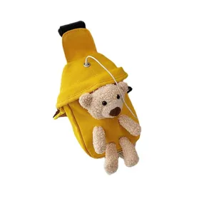 Bonita bolsa de pecho de lona amarilla osito de peluche, bolso bandolera de felpa mujer.