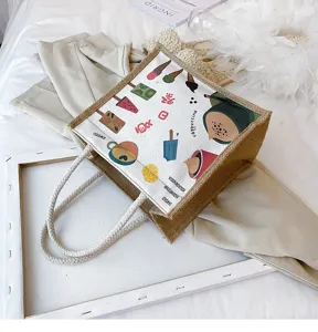 Leinwand Jute Tragetasche niedlich Eiscreme Druck lässig Lunch Handtasche Aufbewahrung