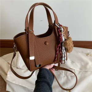 Brown PU leather tote bag women large capacity shoulder crossbody handbag with cute charms.