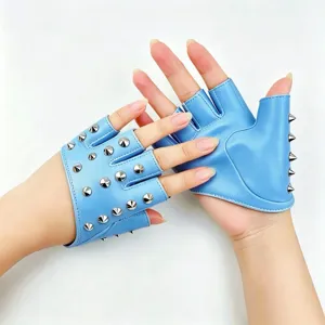 Blue punk leather fingerless gloves with metal rivets for fashion street dance performance.