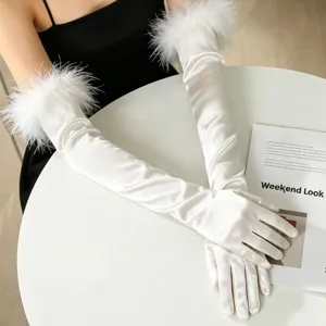 Women Long Satin Gloves With Feather Cuffs Opera Stage Party Costume Accessories Retro 1920s Elegant Evening Gloves