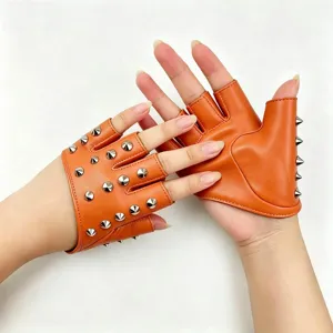 Orange leather fingerless punk gloves with metal spikes, stylish street dance performance gear.