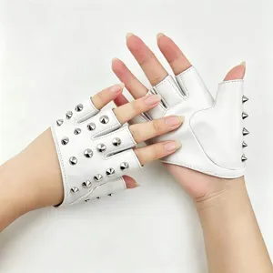 White punk half-finger leather gloves with metal rivet spikes for street dance and stage show.