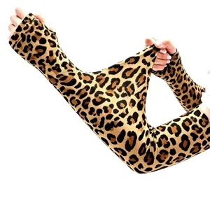 Women long leopard print sun protection sleeves, stretch half finger outdoor cycling gloves.
