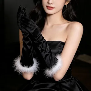 Black satin long opera gloves with fluffy white feather cuffs for 1920s retro evening vintage parties.