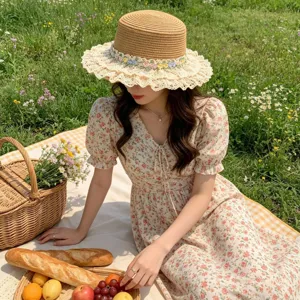 Close-up of the straw sun hat with floral lace trim, perfect for seaside beach vacation.