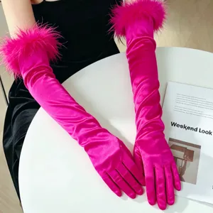 Long satin opera gloves with feather cuffs for women vintage party Halloween costume 1-size