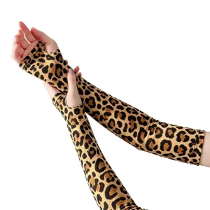 Women long stretch leopard print sun protection sleeves half finger cycling gloves outdoor.