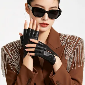 Schwarze PU Leder Halbfinger Handschuhe für Damen, stylischer Punk Stil für Bühne und Party.