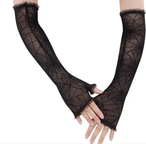 Halloween Punk schwarze Spinnennetz lange fingerlose Spitzenhandschuhe Party Netzhandschuhe
