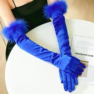 Royal blue satin opera gloves with feather cuffs, long evening party gloves for women.